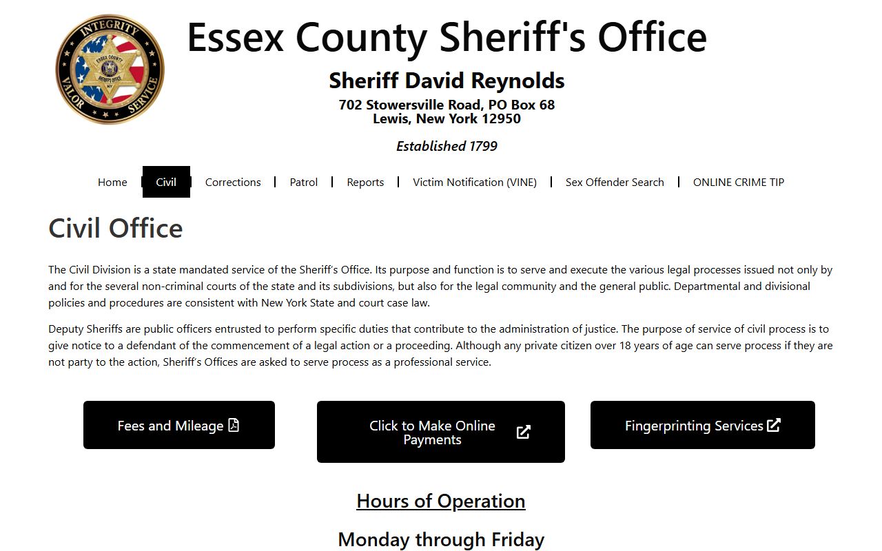 Essex County inmate population and civil division services