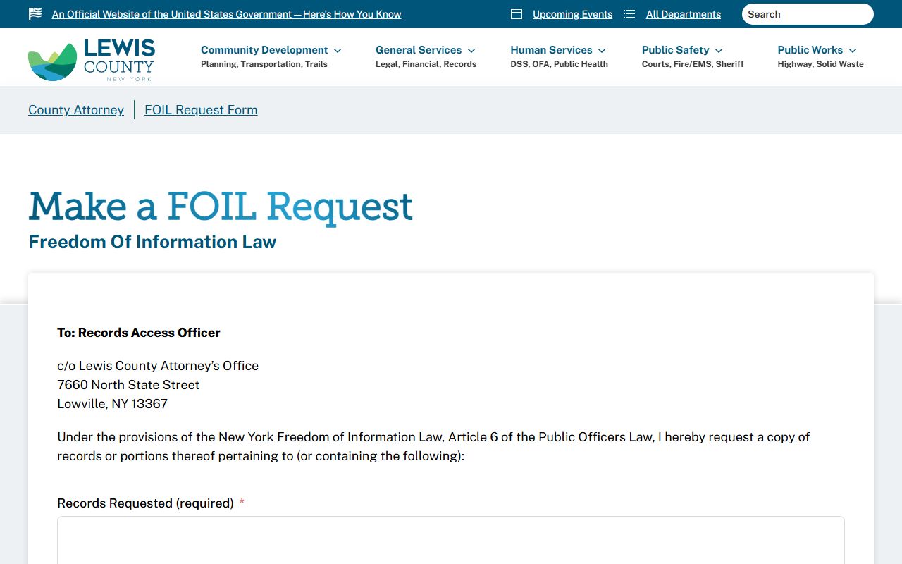 Lewis County inmate population FOIL request form page