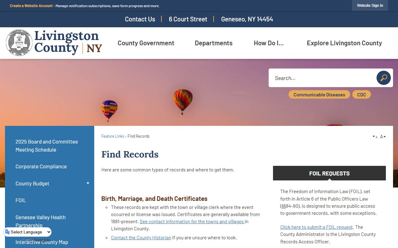 Livingston County inmate population FOIL records access information