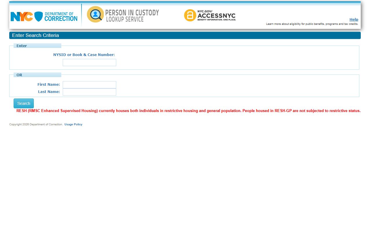 New York County inmate population NYC DOC Person in Custody Lookup system