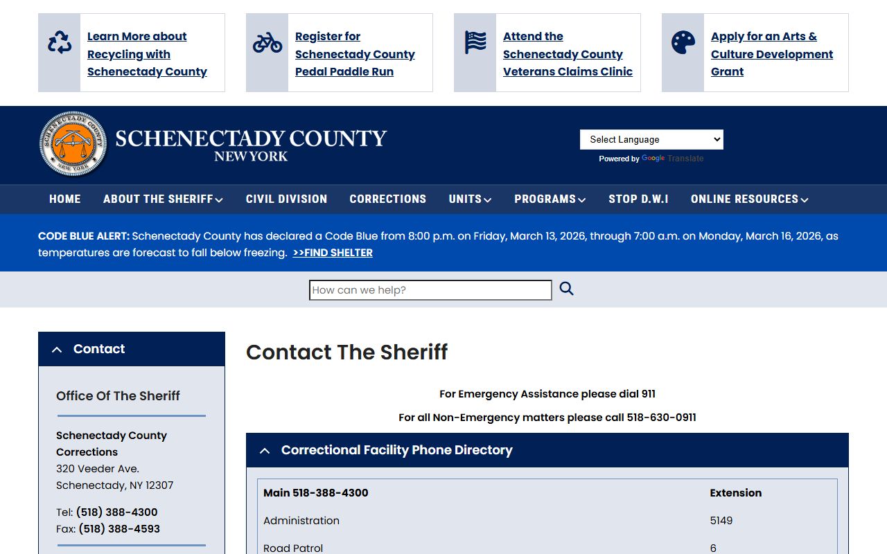 Schenectady County inmate population contact information and phone extensions