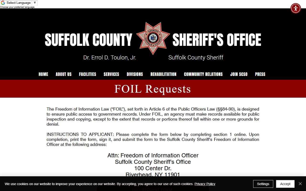 Suffolk County inmate population FOIL request procedures and mailing address