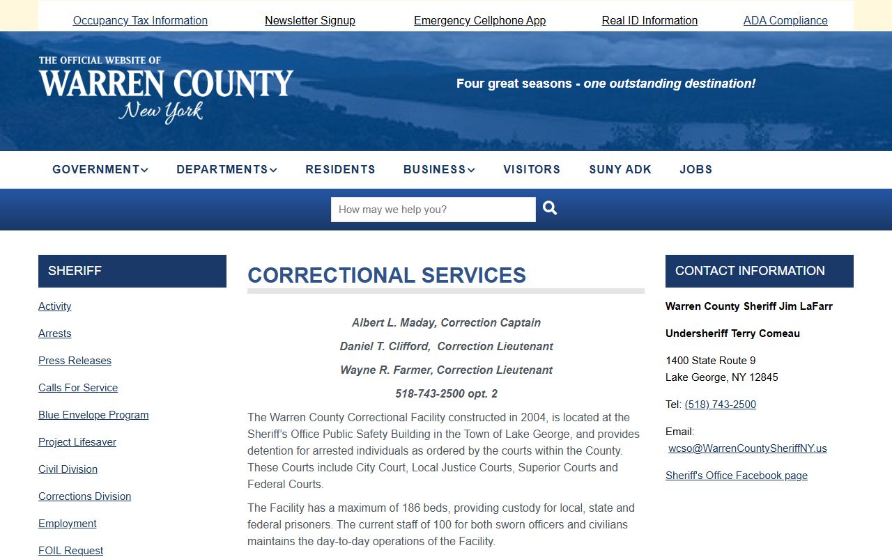Warren County inmate population information from sheriff corrections page